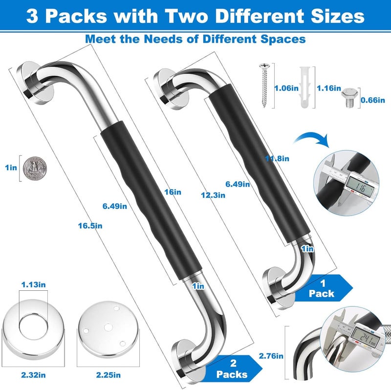 Tetutor 3 Pack Grab Bars for Bathtubs and Showers, 16-Inch and 12-Inch Anti-Slip Bathroom Shower Grab Bars for Seniors Wall, Safety Handicap Grab Bars Stainless Steel,Shower Handle for Elderly - Image 2